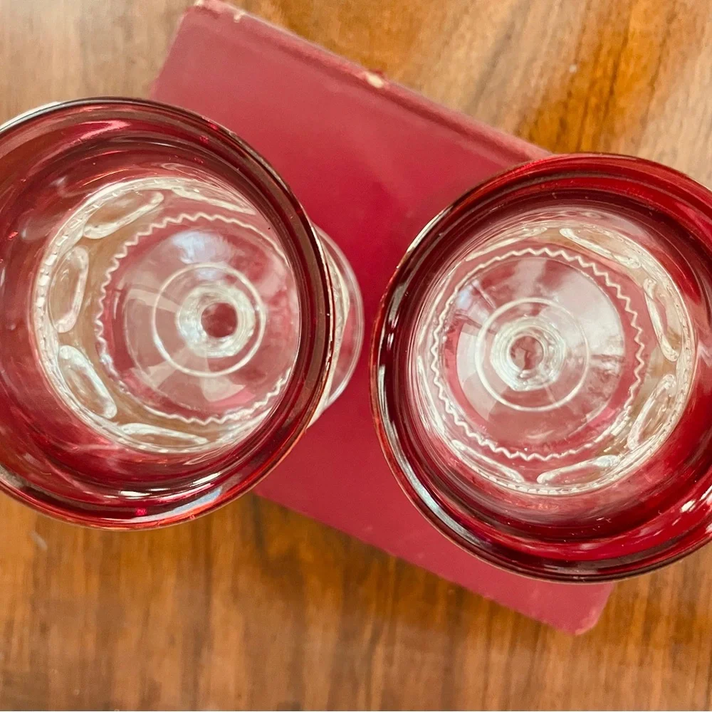Pair of Vintage Ruby Flashed‎ Thumbprint Cocktail Goblets